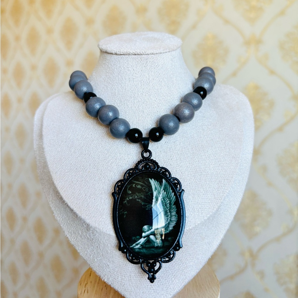 Whimsical goth black and grey beaded necklace a vintage cameo fallen angel